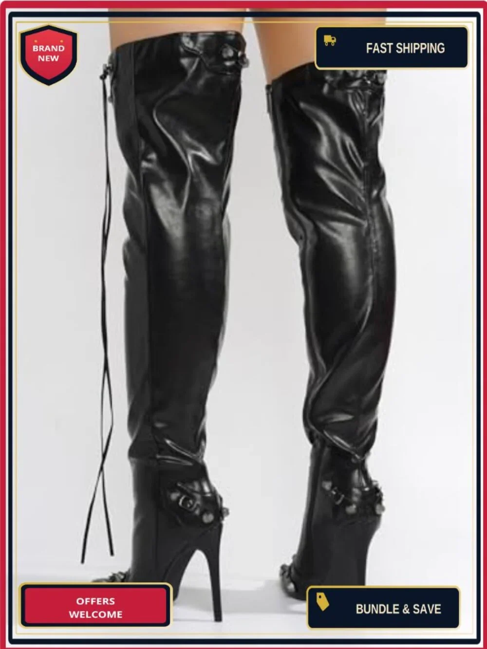 Metallic PU Leather Thigh High Boots, Pointy Toe, 3.5